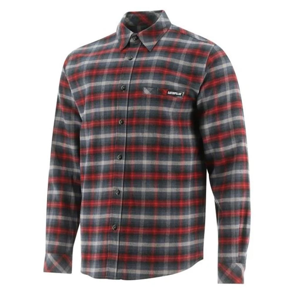 'Caterpillar' Men's Stretch Flannel Woven Button Down - Red / Charcoal