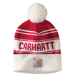 'Carhartt' Adult Knit Pom Pom Cuffed Logo Beanie - Red / White