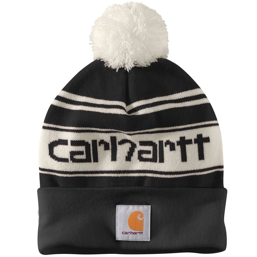 'Carhartt' Adult Knit Pom Pom Cuffed Logo Beanie - Black / White
