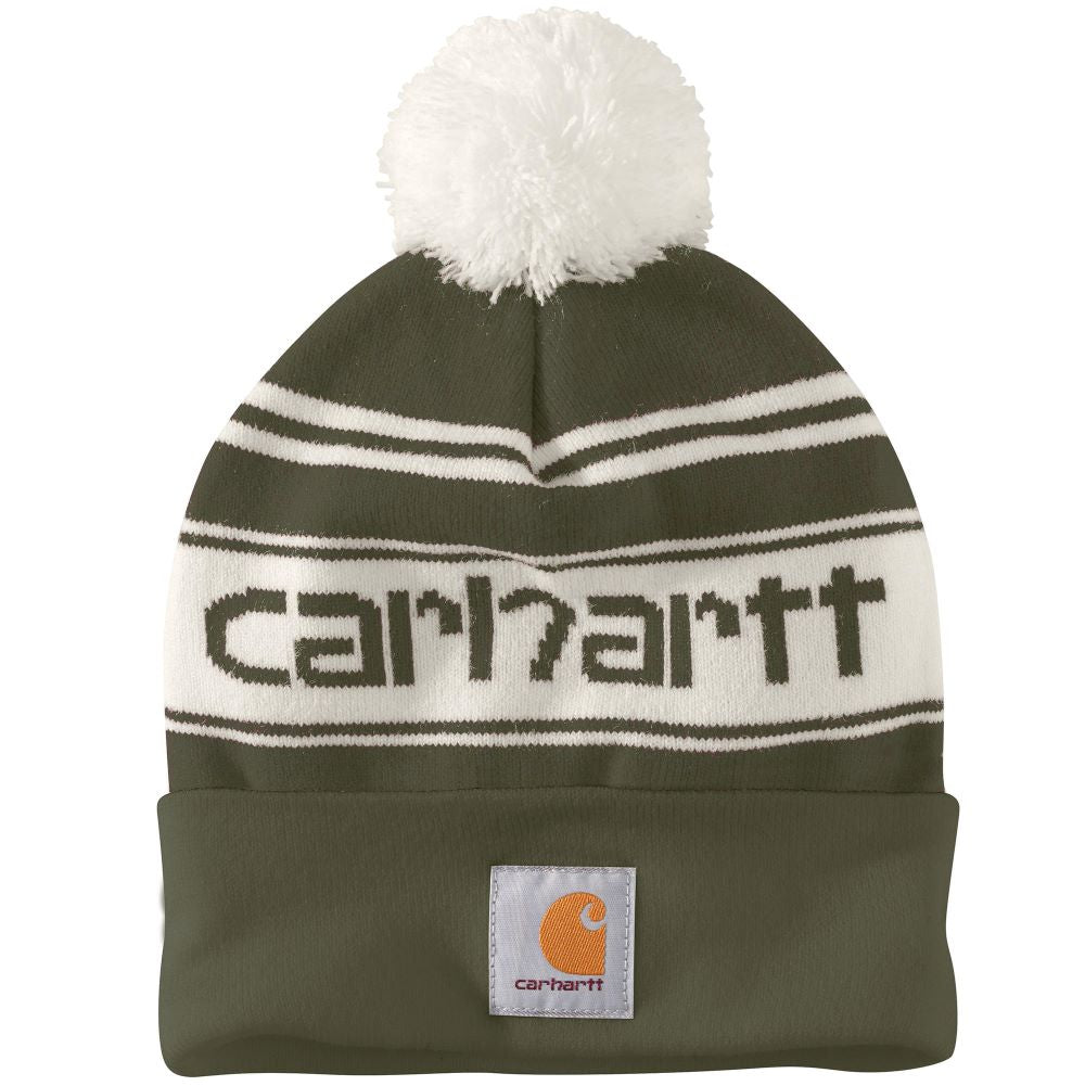 'Carhartt' Adult Knit Pom Pom Cuffed Logo Beanie - Arborvitae / White