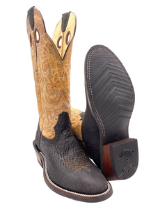 'Hondo Boots' Men's 14" Nubuck Bullhide Western Round Toe - Chocolate Brown / Tan