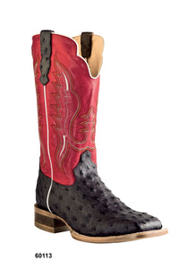 'Old West' Men's 12" Western Outlaw Ostrich Print Square Toe - Chocolate / Red