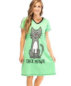 'Lazy One' Women's Check Meowt V-Neck Nightshirt - Green