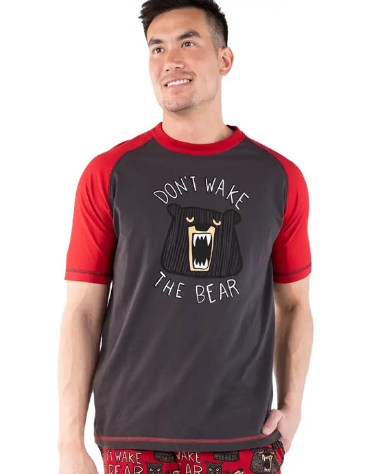 'Lazy One' Men's Don't Wake The Bear PJ Tee - Grey / Red