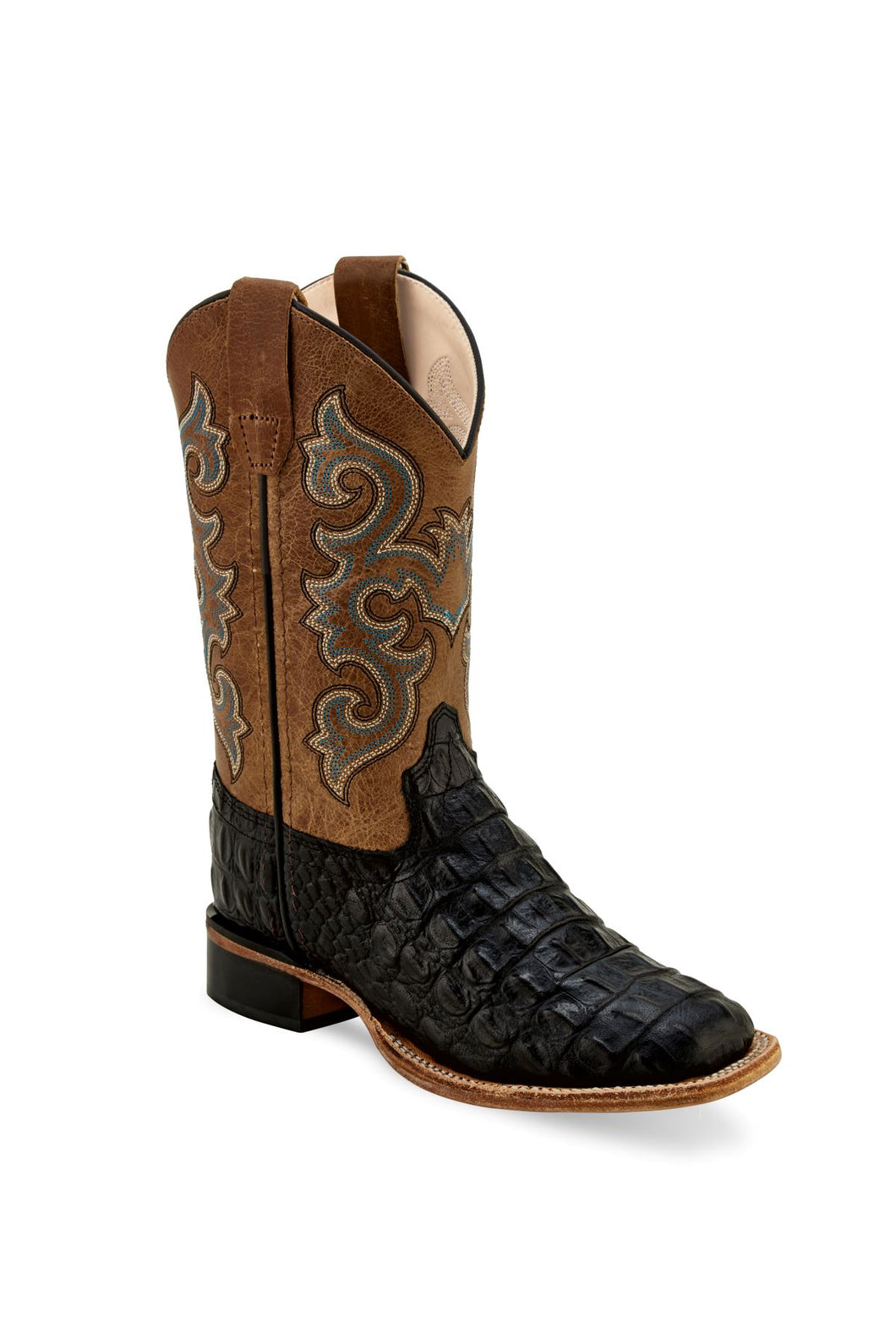 'Old West' Child's Western Caiman Square Toe - Black / Tan