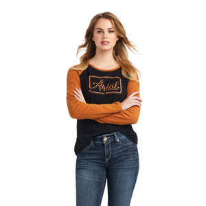 'Ariat' Women's R.E.A.L. Billboard Baseball T-Shirt - Black / Rust