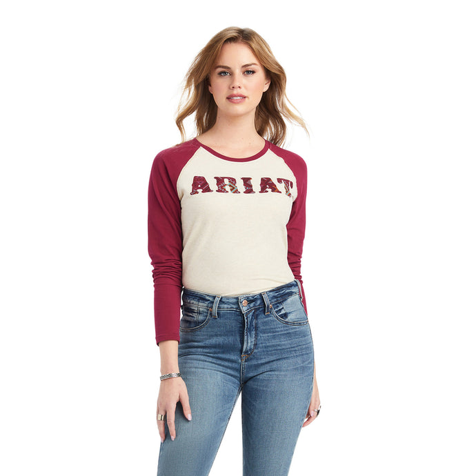 'Ariat' Women's R.E.A.L. Baseball T-Shirt - Oatmeal Heather / Beet Red
