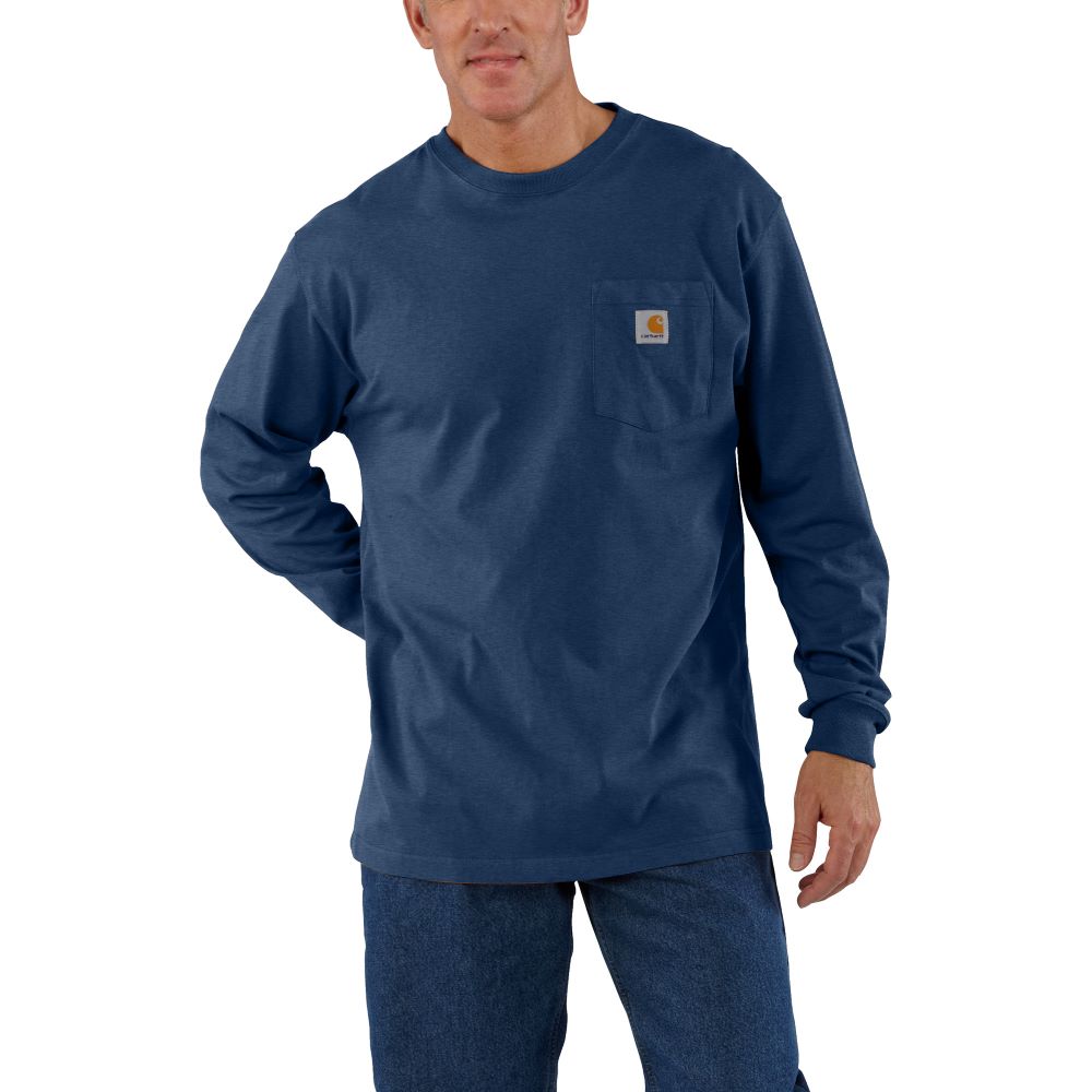 Carhartt Shirts: Men's K87 413 Dark Cobalt Blue Heather Cotton Pocket Short  Sleeve Shirt