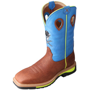 'Twisted X' Men's Cowboy Skull Western Square Toe - Neon Blue / Neon Yellow / Brown Oiled Shoulder