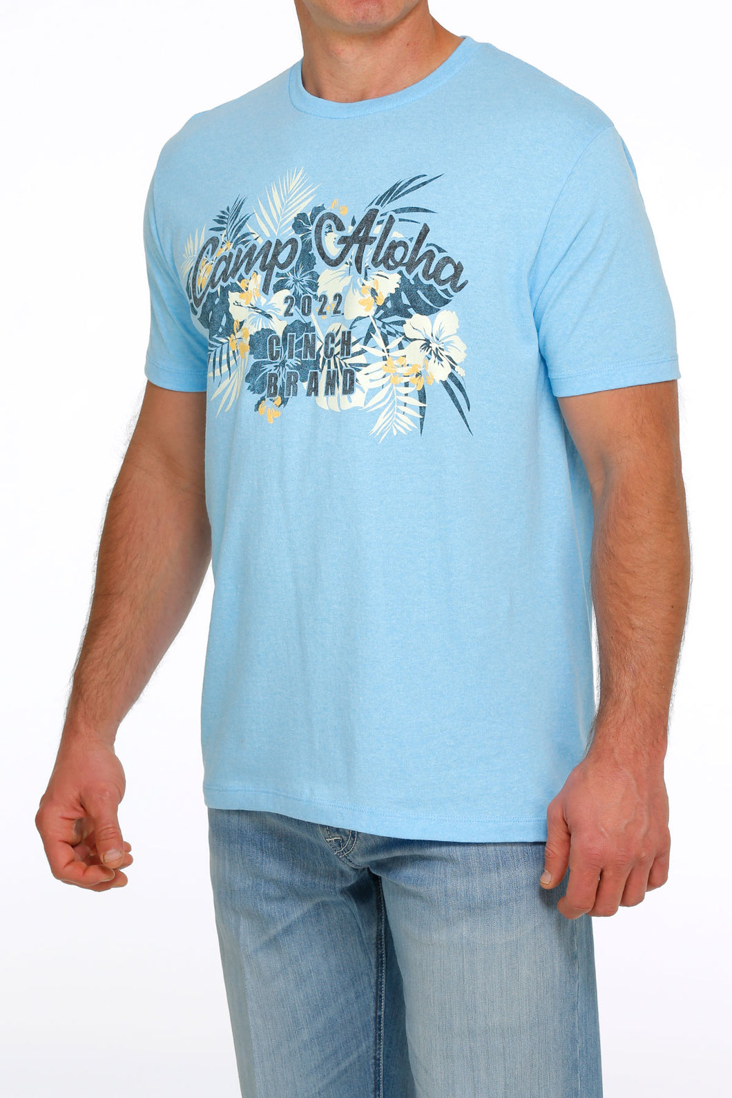 'Cinch' Men's Camp Aloha Floral T Shirt - Heather Blue