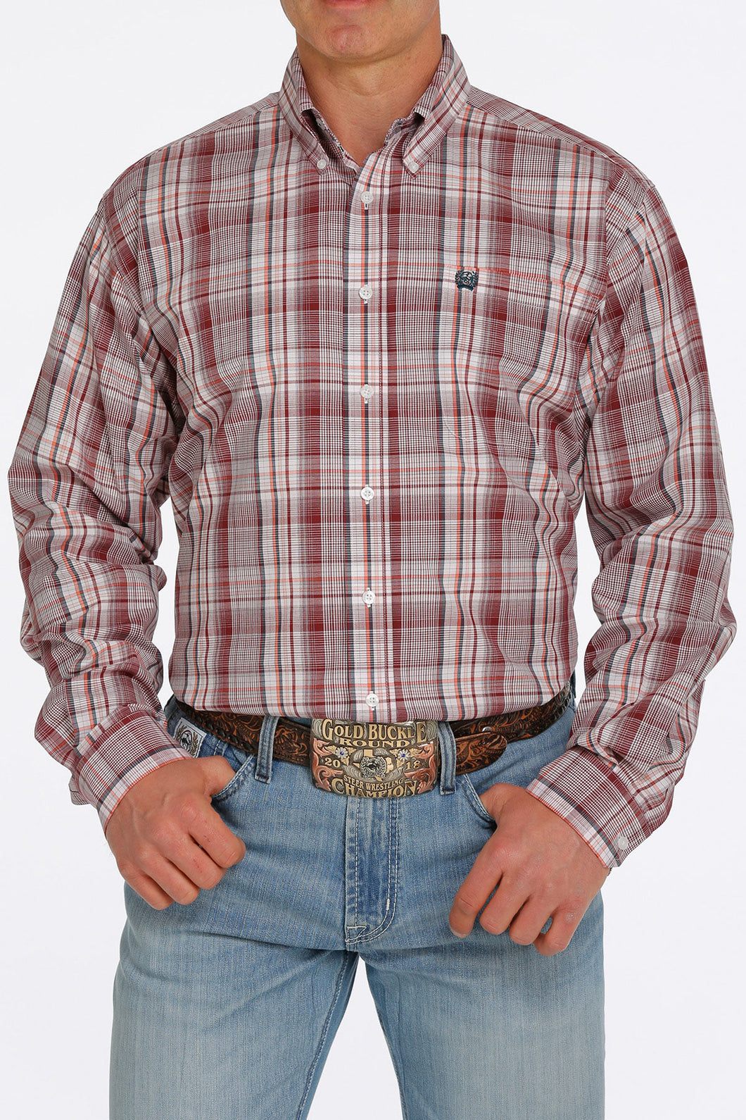 'Cinch' Men's Plaid Long Sleeve Button Down - White / Red