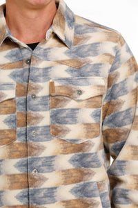 'Cinch' Men's Aztec Print Polar Fleece Shirt Jacket - Cream