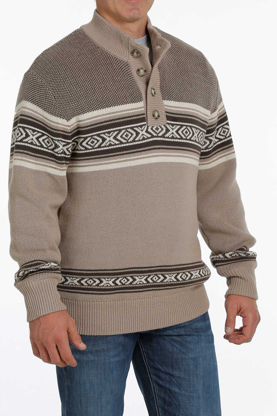 'Cinch' Men's 1/4 Button Lined Pullover Sweater - Stone