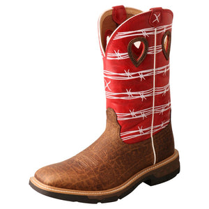 'Twisted X' Men's 12" Western Work Square Toe - Distressed Saddle / Ruby Red