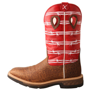 'Twisted X' Men's 12" Western Work Square Toe - Distressed Saddle / Ruby Red