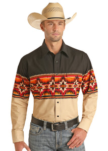 'Panhandle Slim' Men's Southwestern Snap Front Shirt - Brown / Orange