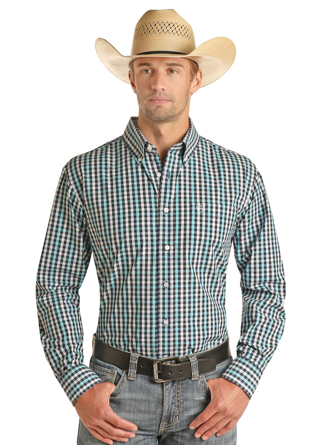 'Panhandle Slim' Men's Long Sleeve Check Plaid Button Down Western Shirt - Blue