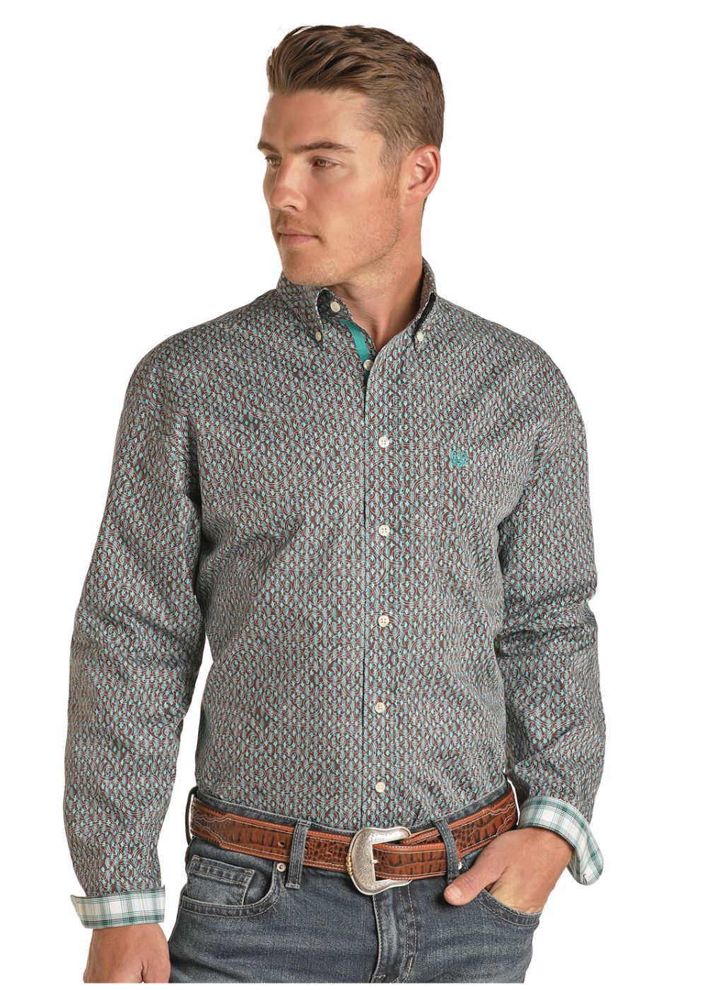 'Panhandle-Rough Stock' Men's Paisley Snap Front - Brown / Turquoise