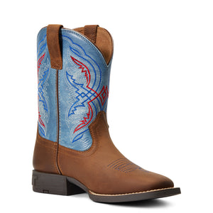 'Ariat' Youth Double Kicker Square Toe -  Distressed Brown / Stone Blue