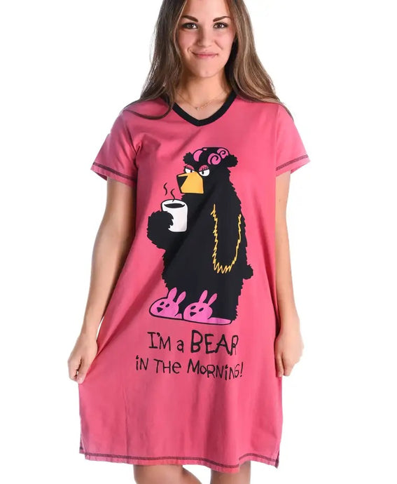 'Lazy One' Women's Bear In The Morning V-Neck Nightshirt - Pink