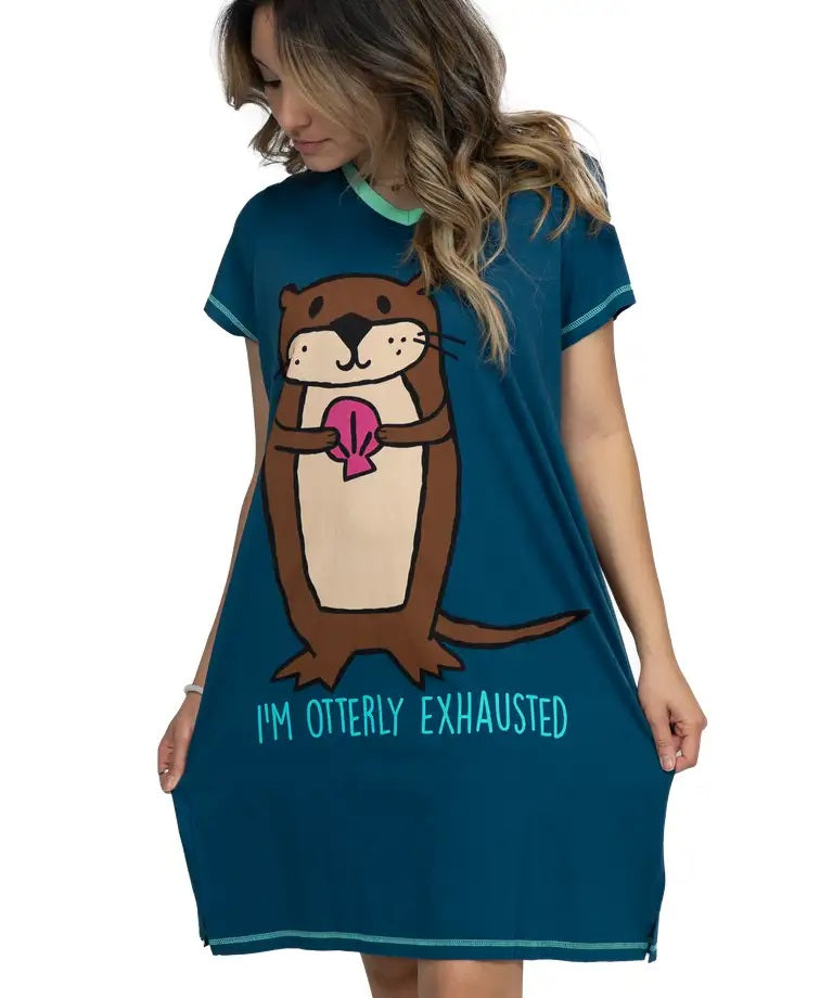 'Lazy One' Women's Otterly Exhausted V-Neck Nightshirt - Blue